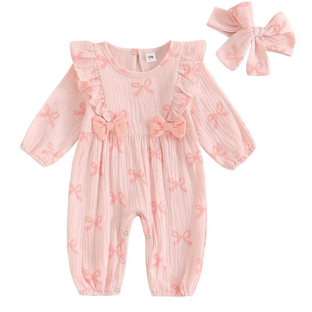 Long Sleeve Ruffled Jumpsuit with Bows 3-6 Months